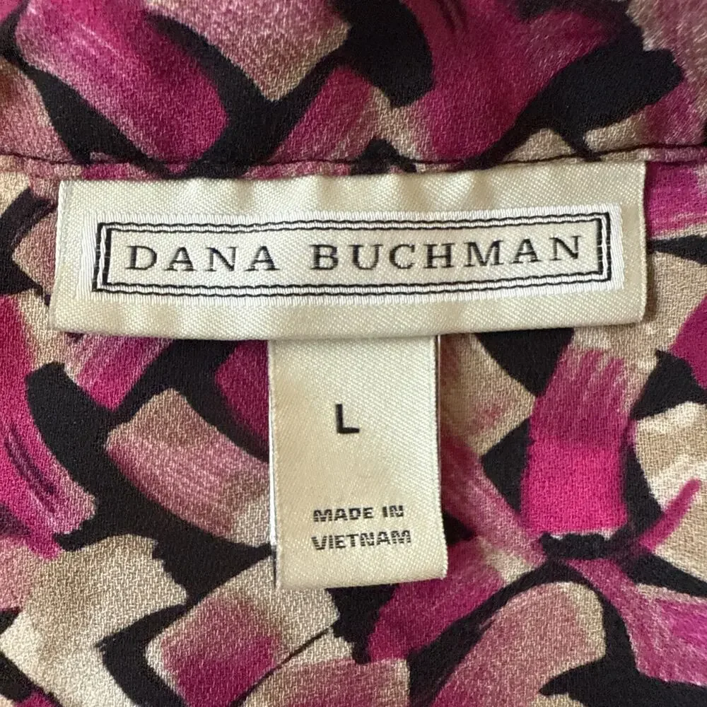 Dana Buchman Women’s L Pink Geometric V Neck 3/4 Sleeve‎ Blouse Business Office